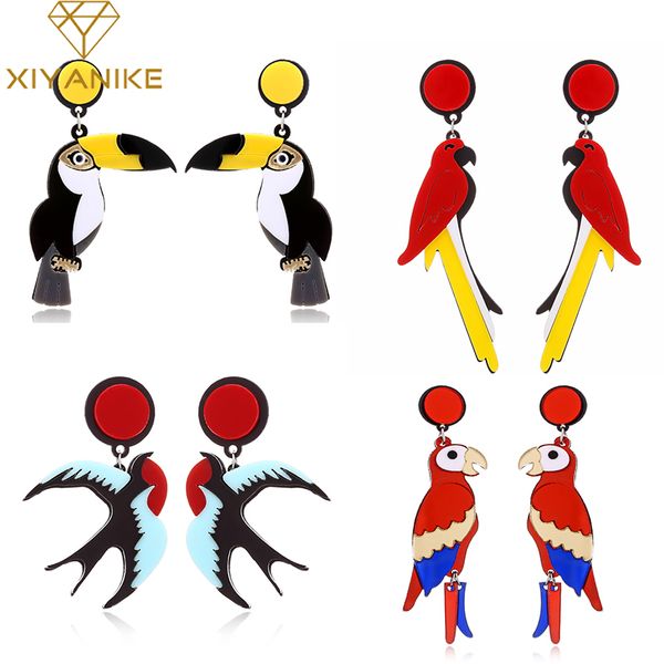 

xiyanike acrylic parrots drop earrings for women night club exaggerated colorful feather birds pattern long statement jewelry, Silver