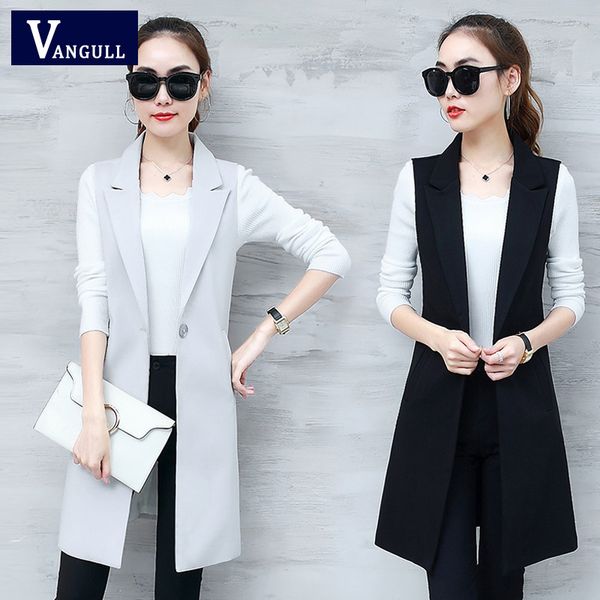 

vangull elegant suit vest women spring autumn sleeveless long vest jacket colete plus size 3xl blazer coat women waistcoat, Black;white