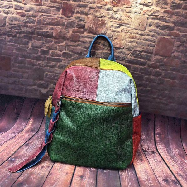 

women backpacks handmake make old vintage style patchwork colorful travel knapsack natural cowhide leather school bags ladies