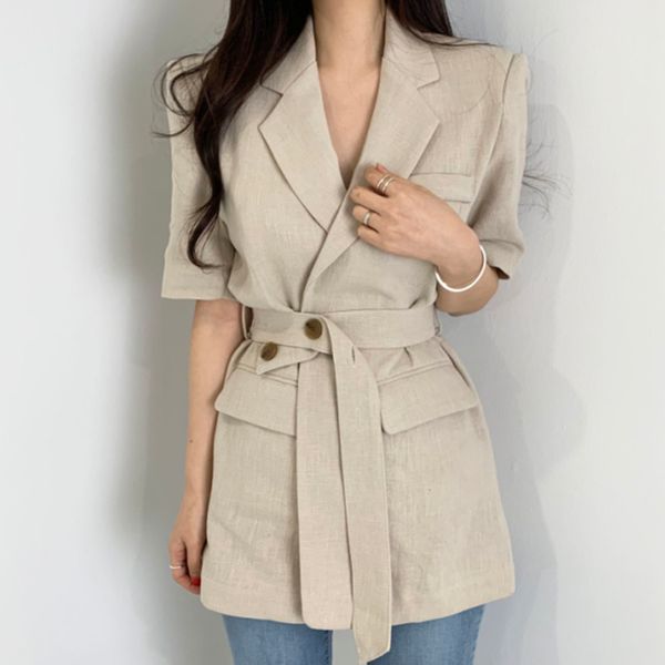 

ewq] 2020 summer new sweet women jacket korea loose ladies office coat simple short sleeve waist bandage suits outwear qv1083, White;black