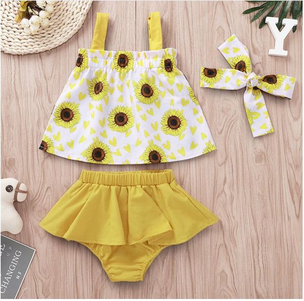 

girl sunflower print suspender belt and short pants set baby summer sleeveless and romper suit kids clothes three pieces zht 241, White