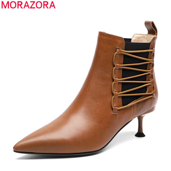 

morazora 2020 new arrive genuine leather pointed toe women boots stiletto heels pointed toe solid color ankle boots winter, Black