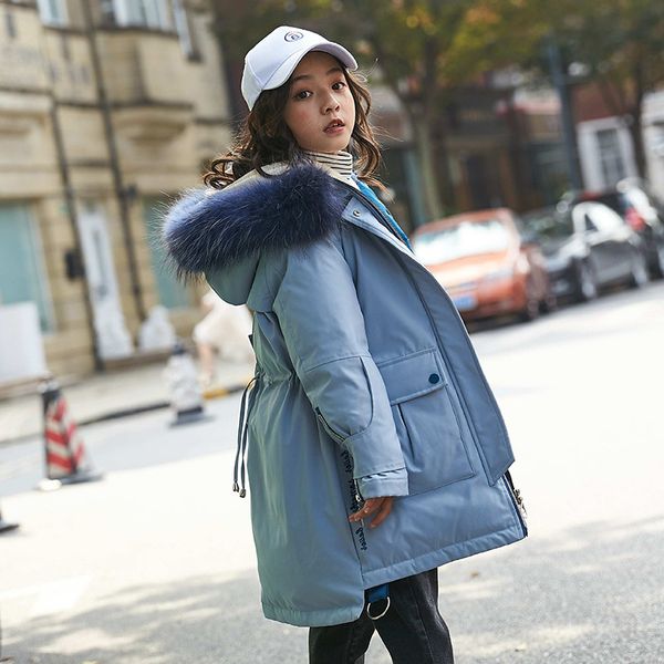

thick winter jacket coats reversible girls fur hooded russian girls winter coat children jacket down parkas long overcoat, Blue;gray