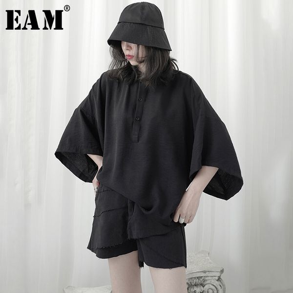 

eam] women black brief big size blouse new lapel three-quarter sleeve loose fit shirt fashion tide spring summer 2020 1u952, White