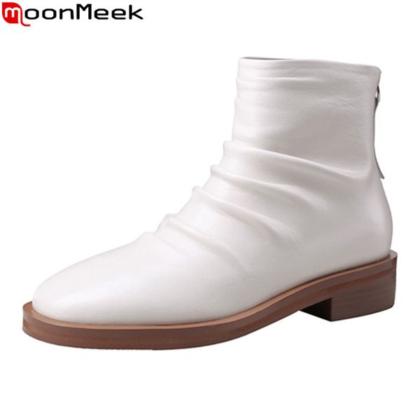 

moonmeek 2020 autumn new arrive women brand boots low heel round toe fold ladies shoes genuine leather simple ankle boots, Black