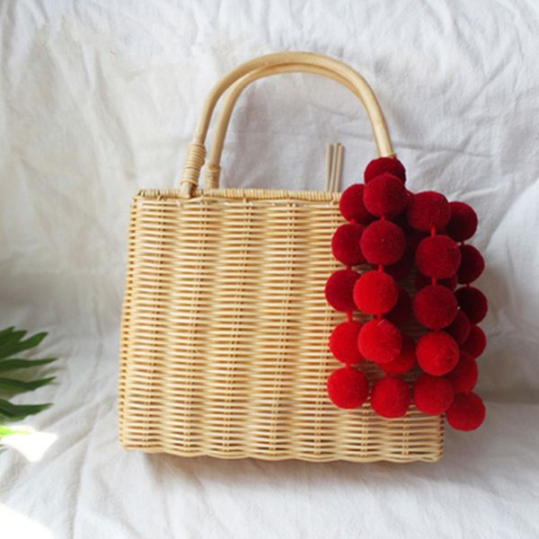 

straw bag color ball decoration women summer beach bag cover basket shape for travel lined with handmade drawstring handbag