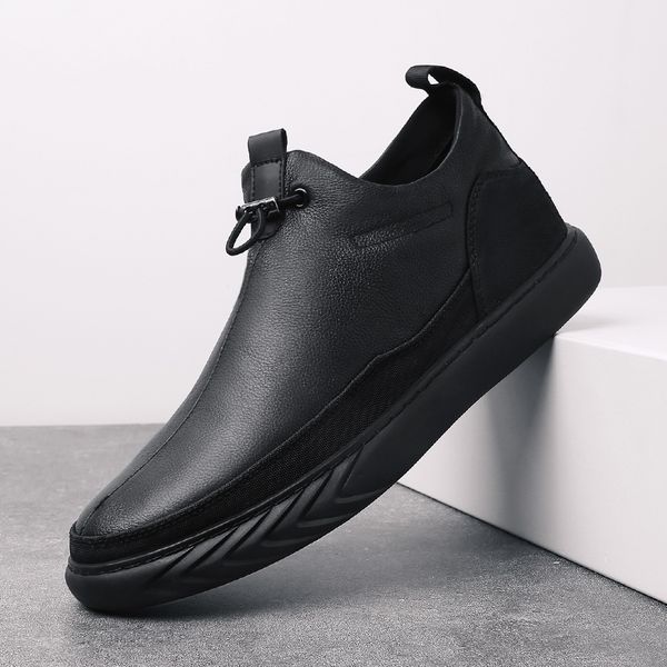 

men loafers men shoes casual shoes light genuine leather youth outdoor breathable fashion flat footwear sneakers, Black