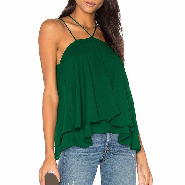 

2019 summer women sleeveless tank double strap layered chiffon, White