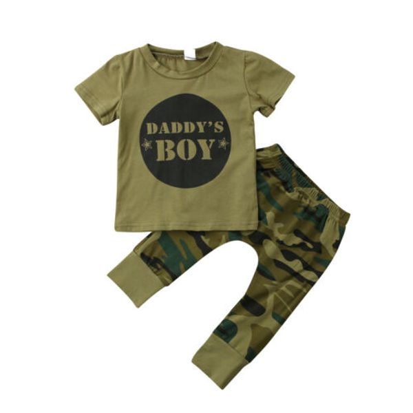 

Summer Fashion Cool Baby Kid Boy Girl Unisex Cotton Camouflage Letter Daddy's Boy Print Army Green Tops+Pants Outfit Set Clothes