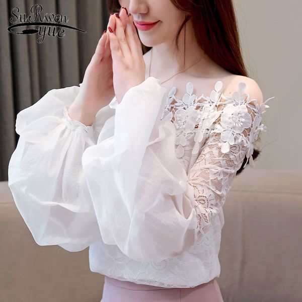 

spring 2019 long sleeves women lace fashion slash neck women chiffon blouses white blouse female shirts blusas 1972 50