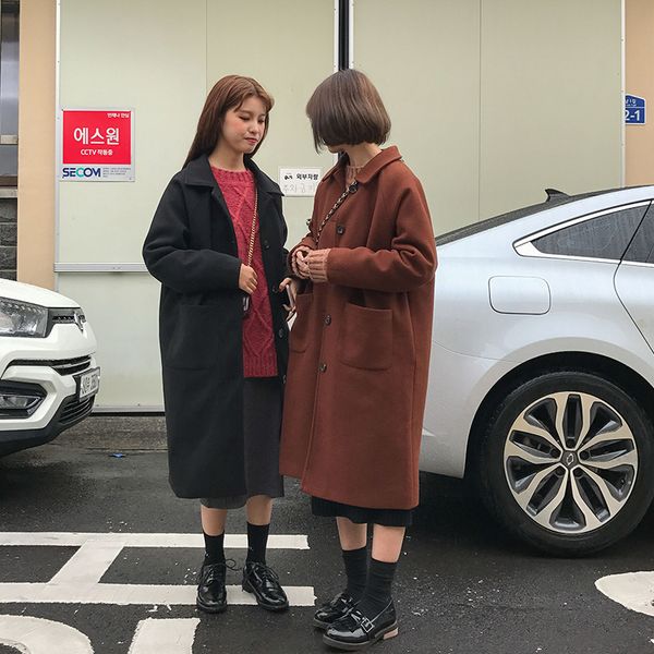 

2 colors autumn and winter korean single breasted wool coat pocket medium-long woolen jackets womens (b0985, Black