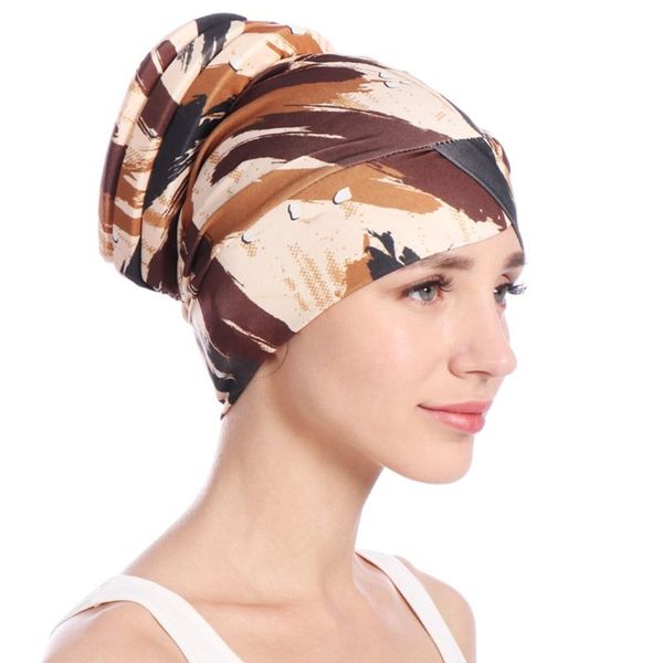 

womens floral printed turban hat muslim cotton stretch beanie chemo cap hair loss ruffles pleated head wrap hijab w77