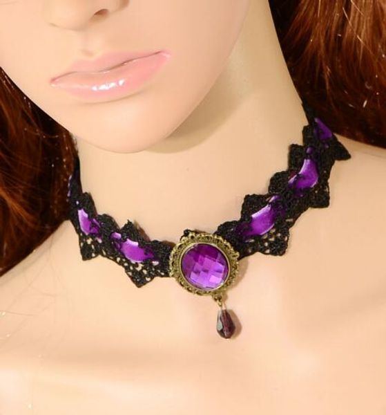 

fashion jewelry goth lolita lace bohemian crystal collar choker short crystal pendant necklace for women fashion popular halloween gift, Golden;silver