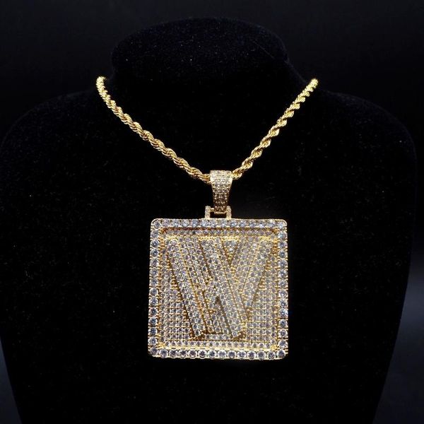 

lk letter w square dog tag pendant hip hop european and american micro inlaid trendy personality necklace men's jewelry, Silver