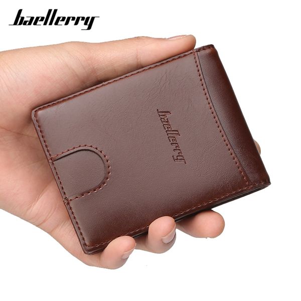 

baellerry small men's leather money clip wallet card slot metal clamp cash holder for man purse with zipper coin pocket, Red;black