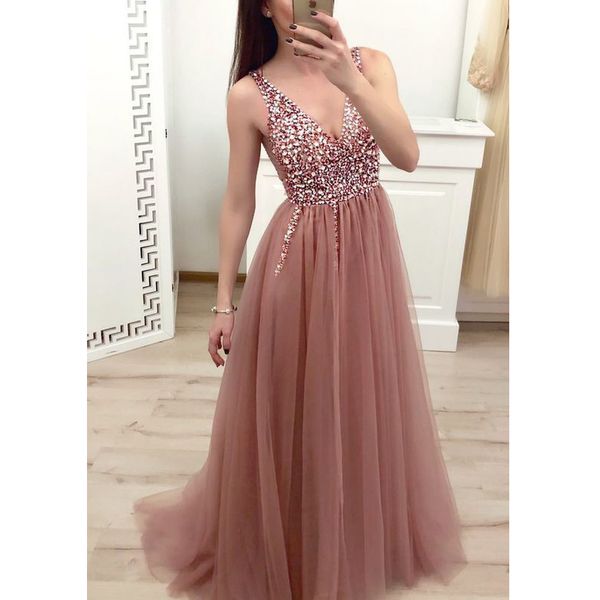 

deep v neck a line lovely girls prom dresses shining beaded rhinestones sequins evening gowns robe de soirÃ©e custom party gowns, Black