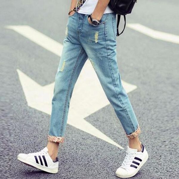 

yg6128 cheap wholesale 2017 new hole in nine points jeans male feet cultivate one's morality cowboy haroun pants, Blue