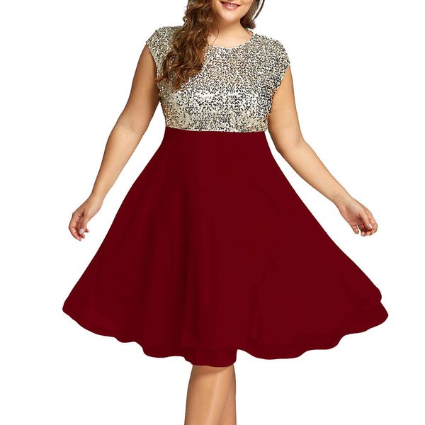 

fashion women plus size o-neck solid sleeveless zipper chiffon sequined dress print sleeveless casual mini party gonna estiva513, Black;gray