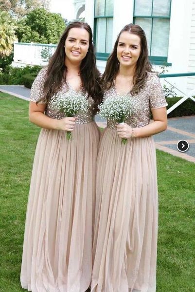 

tulle a line short sleeve beach country bridesmaid dresses sequined formal party prom gowns v neck maid of honor dresses, White;pink