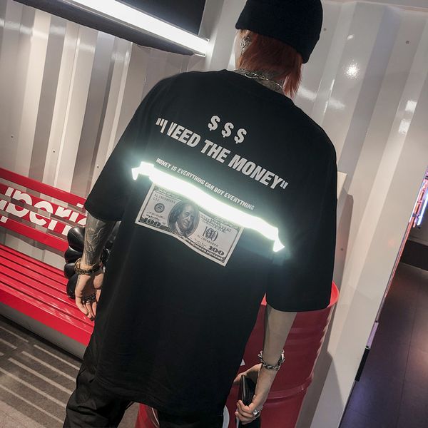 

men's t-shirts european and american high street hip-hop shirts 3m reflective loose short-sleeved printing dollars t-shirt oversize s-3, White;black