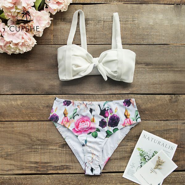 

cupshe solid white and floral front-knot high-waisted bikini sets swimsuit two pieces swimwear women 2020 beach bathing suits, White;black