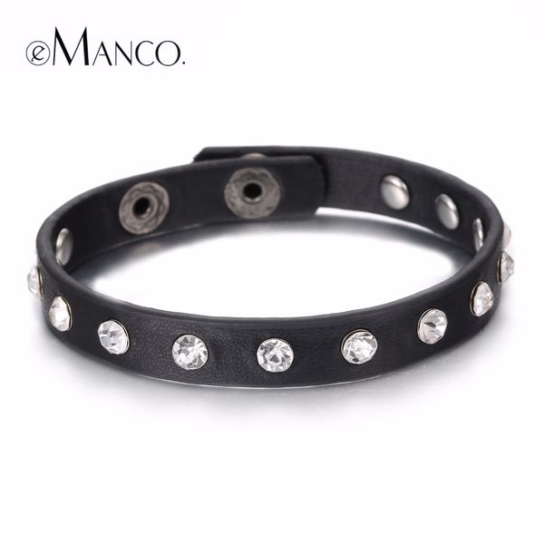 

emanco leather bracelet men punk brown bracelet men leather black rock style adjustable length rhinestone wrist band jewelry, Golden;silver
