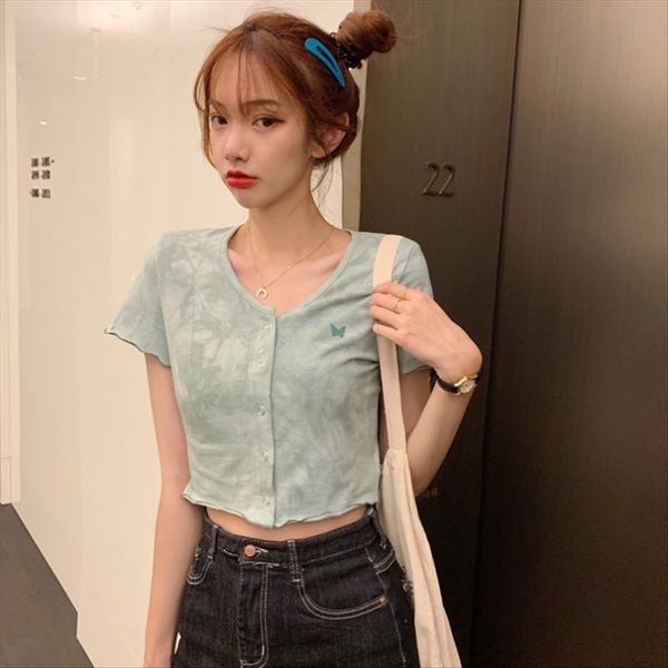 

short bm style t-shirt butterfly women's summer 2020ins fashionable v-neck slim butterfly embroidery tie dyed short-sleeved t-shirt, White
