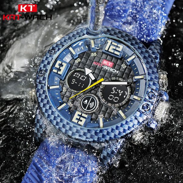 

kat-wach new men's sports carbon fiber watch outdoor multi-function waterproof watches chronograph luminous calendar men male, Slivery;brown