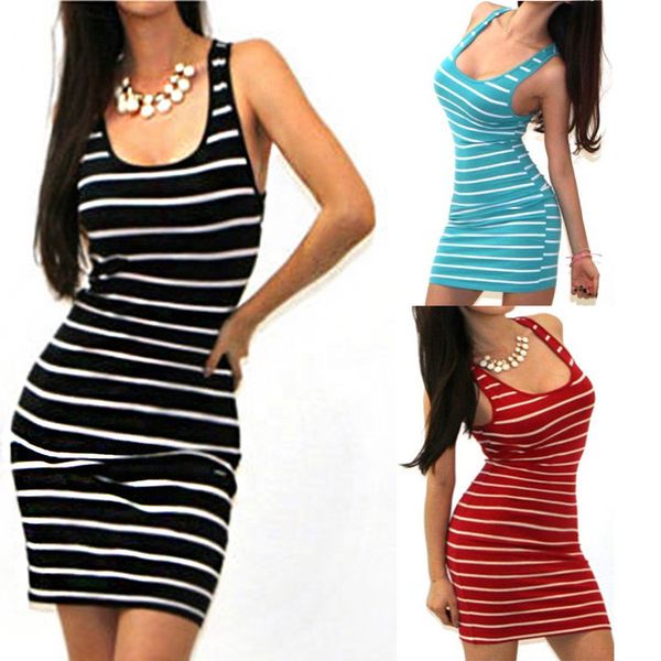 

2020 mini stripe print bodycon dress summer clothes for women elegant sleeveless dresses woman party night clothing empire, Black;gray