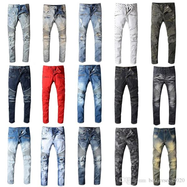 

к 2020 году новых мужчин проблемных разорвал байкер джинсы мотоциклов slim-подходят байкер джинсы для мужчин мода дизайнер хип-хоп мужские д, Blue