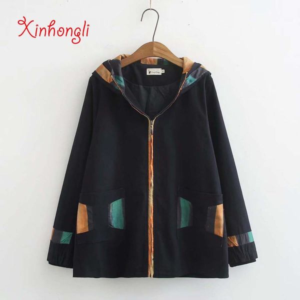 

plus size hooded women loose cotton jackets 2020 spring autumn casual lady pockets zipper black army green coats female, Black;brown