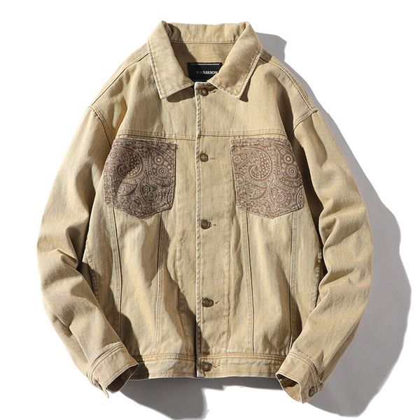 

denim jacket men 2019 new streetwear turn down collar jacket casual print long sleeve coat hip hop men jackets, Black;brown