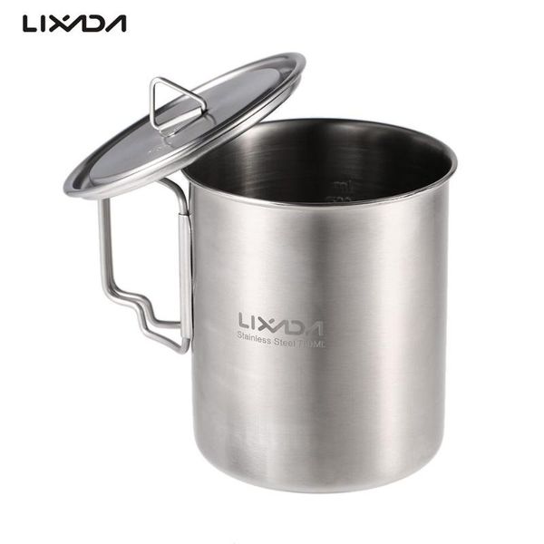 

lixada 750ml stainless steel pot portable water mug cup with lid foldable handle for outdoor camping cooking picnic tableware