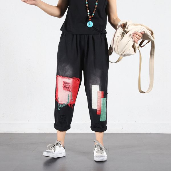 

women hole denim harem pants spring new large size female vintage casual jeans pants red elastic waist loose jeans harem, Blue