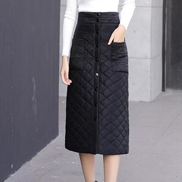 

women winter down cotton skirt plus size long skirts thicken warm single breasted high waist pocket unfolded skirt dc12, Black
