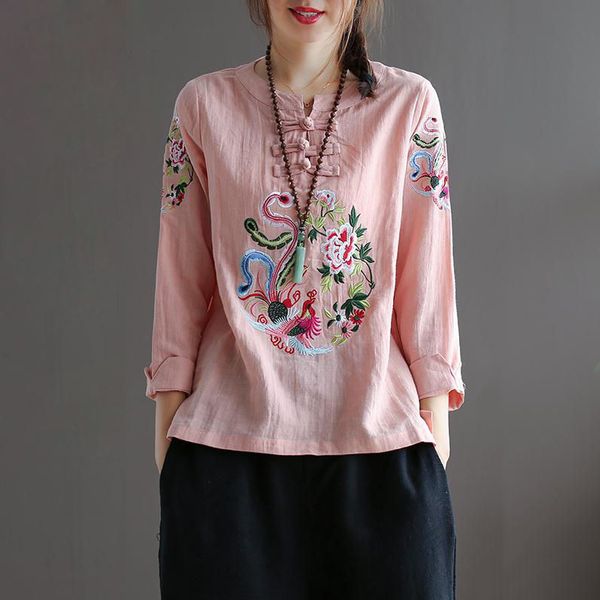 

blouse women plus size cotton linen shirts ladies casual chinese phoenix vintage embroidery long sleeve, White