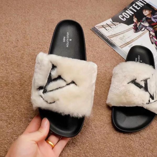 

2019 fashion luxury women sandals fur slides slippers australia fluff casual shoes flip flop slippers no box, Black