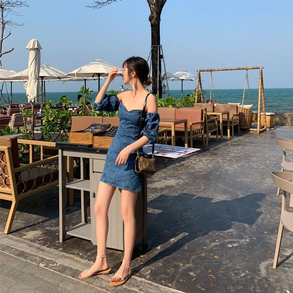

2020 new women's dating small dress summer temperament goddess fan denim dress mid-length, White;black