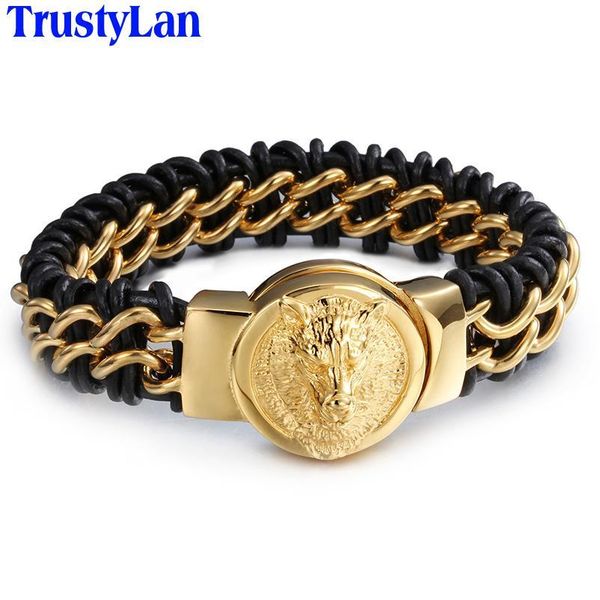 

trustylan 22cm length wolf head bracelets for men genuine leather man bracelet male fashion solid gold color jewelry wristbands, Golden;silver