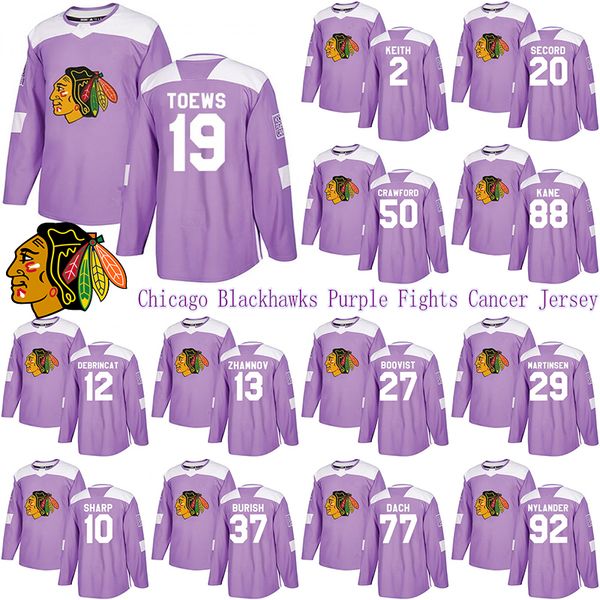 

chicago blackhawks purple fights cancer jersey 19 toews 88 kane 2 duncan keith 12 debrincat 50 corey crawford 00 griswold hockey jerseys, Black;red