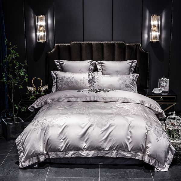 Silver Satin Like Silk Ultra Soft Duvet Cover Set Luxury Jacquard
