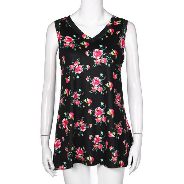 

2019 fashion women's sleeveless shirt floral print v-neck casual loose vest casual shirt blouse 40#, White