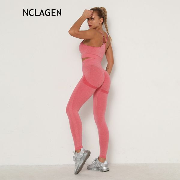 

nclagen seamless knitted yoga suit sports fitness women gym sport workout running sportswear push-up bra tights pants set, White;red
