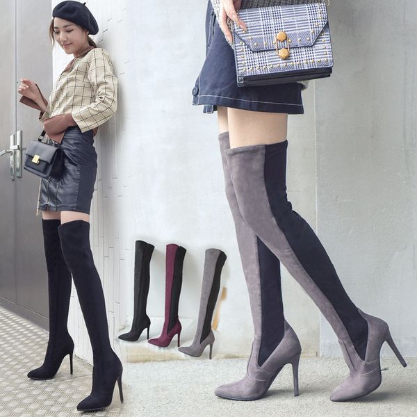 

spring pu leather over knee boots for women thigh high booties pointed toe woman shoes winter ladies boots, Black
