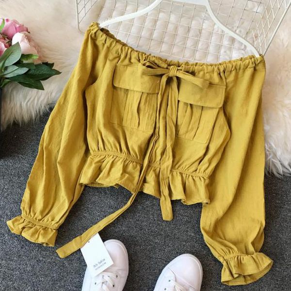 

2019 women vintage slash neck short blouse pockets drawstring tie solid shirts female casual summer beach crop blusas t76, White