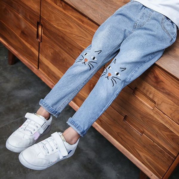

2-12t fashion children toddler kids baby girls cartoon cat pattern pants denim clothes jeans pants trousers, Blue