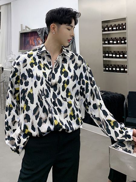 

men retro leopard pattern casual loose long sleeve shirt male streetwear hip hop party dress shirts, White;black