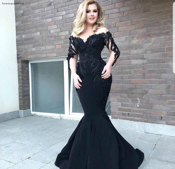 

black off shoulder evening dresses 2019 saudi arabia dubai mermaid appliques holiday wear formal party prom gowns plus size, White;black