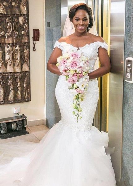 

plus size off the shoulder beach wedding dresses lace and tulle cap sleeves mermaid wedding gowns count train african bridal gowns, White