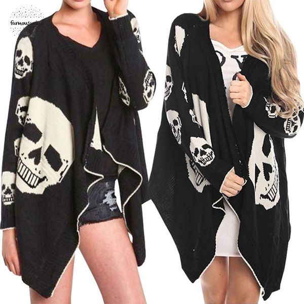 

women new fashion shawl ladies printed skulls ruched casual loose long sleeve irregular hem cardigan coat plus size, Black;brown